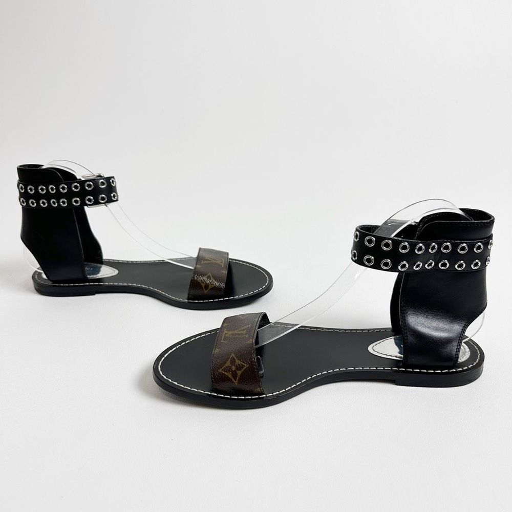 LOUIS VUITTON Ocean Drive Flat Sandals 40 US 9.5 Black Brown Monogram Leather - Picture 8 of 13